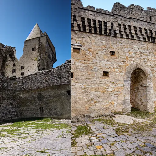 Image similar to a view that is split in two. the right half is from when the castle was new. the left half is from when the castle has advanced in time and become a ruin.