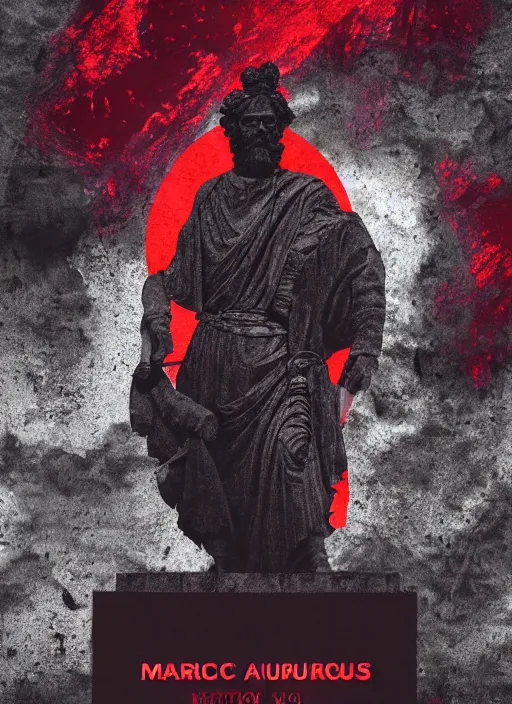 Image similar to dark design poster showing a statue of marcus aurelius, black background with very subtle red and purple design elements, powerful, nekro, vito acconci, thin straight lines, dark, glitch art, neo vaporwave, gritty, layout frame, square, trending on artstation