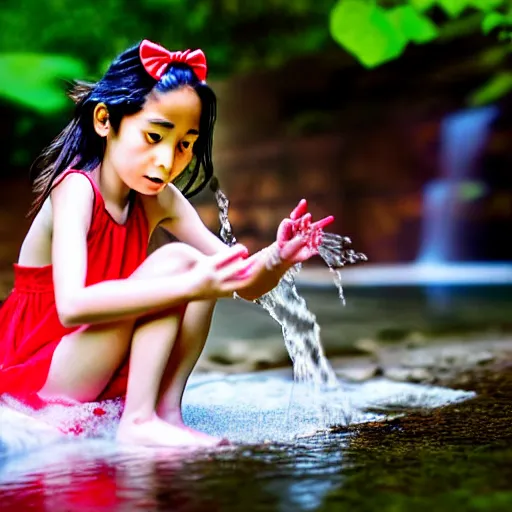 Image similar to 7 years old rina playing with the water, wearing white cloths, and a red bow in her hair, sitting by the side of a creek, in the painting style of comic books, 8 k, detailed, tele photo lens, rule of thirds