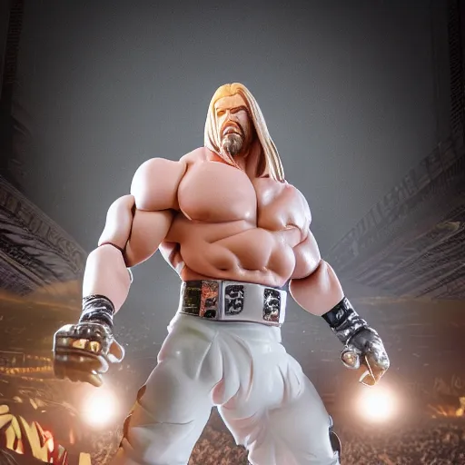 Image similar to Full body shot of a highly detailed flexible Triple H vinyl plastic figurine as a villain, highly detailed face, white background, 3d, high quality, depth of field, high contrast, 8k, concept art, smooth, sharp focus, highly detailed, wrestling, WWE