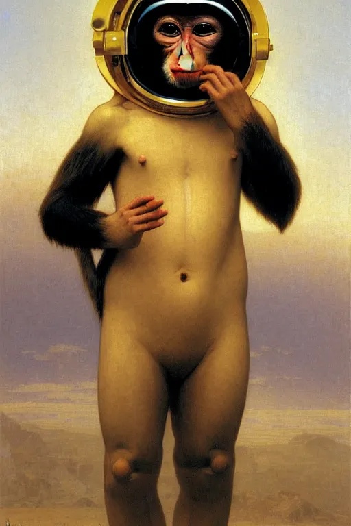 Image similar to portrait of one monkey in astronaut helmet, by bouguereau