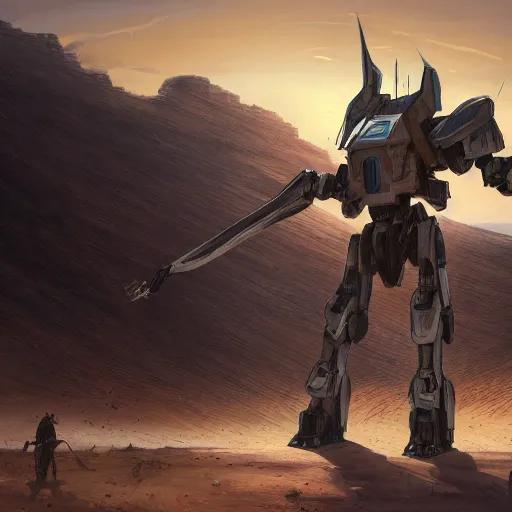 Image similar to cinematic shot of a battle scared mecha robot with medieval armor is in the dessert moving slowly with his sword on the ground sunset digital painting, artstation, concept art, soft light, hdri, smooth, sharp focus, illustration, fantasy, intricate, elegant, highly detailed, D&D, matte painting, in the style of Greg Rutkowski and Alphonse Mucha and artemisia, 8k, highly detailed, jurgens, rutkowski, bouguereau, pastoral, rustic, georgic