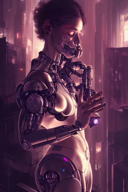 Image similar to ultra realistic, beautiful female cyborg in a crowded smoky cyberpunk club in space megalopolis, sci - fi, intricate details, eerie, highly detailed, octane render, 8 k, art by artgerm and alphonse mucha and greg rutkowski