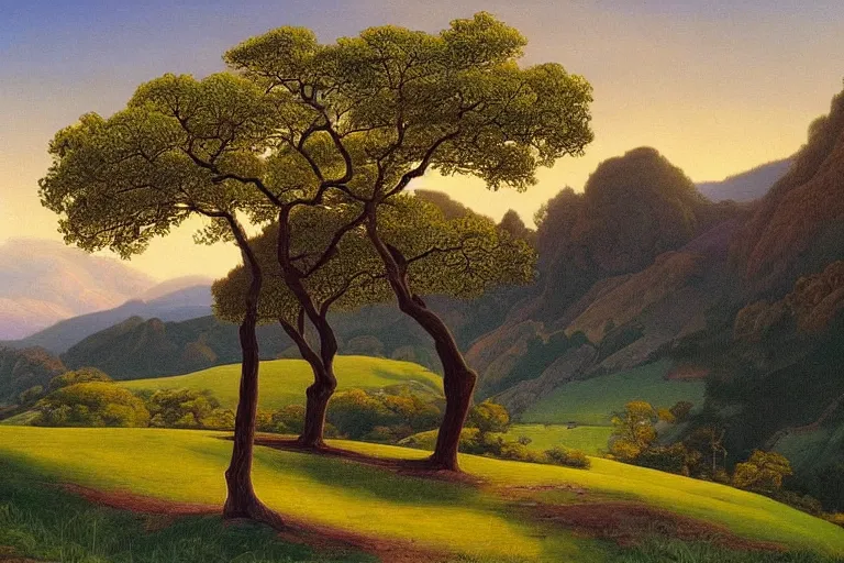 Prompt: masterpiece painting of oak trees on a hillside overlooking a creek, dramatic lighting, by marianne north