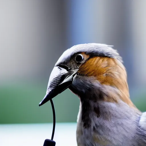 Image similar to A photograph of a bird wearing headphones and speaking into a microphone