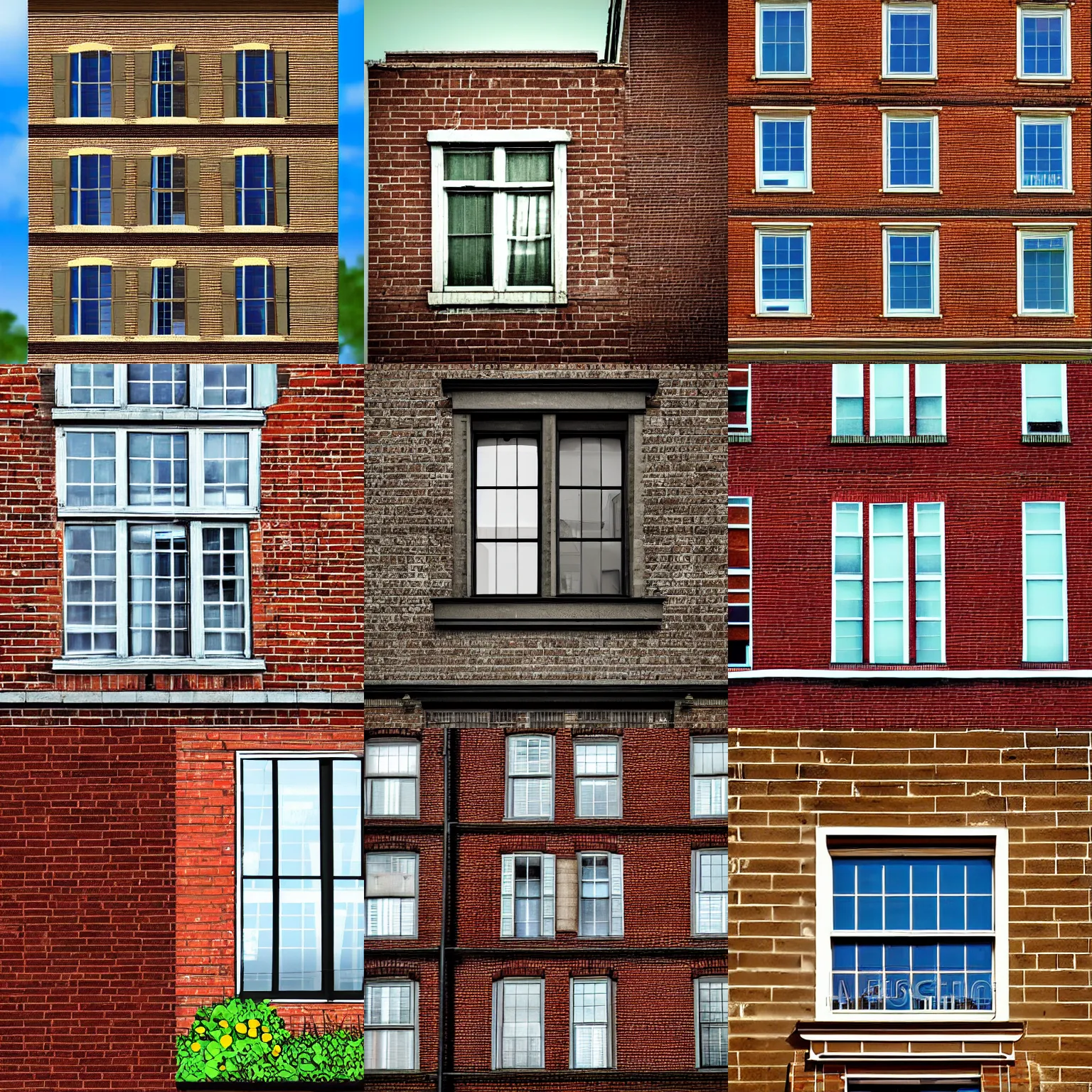 Prompt: quaint small farm on the middle window of a tall apartment building, brick building, digital art