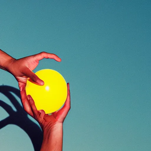 Image similar to album art of a human hand with five fingers holding a yellow balloon sticking out of the ocean with a red sky in the background by chris bilheimer