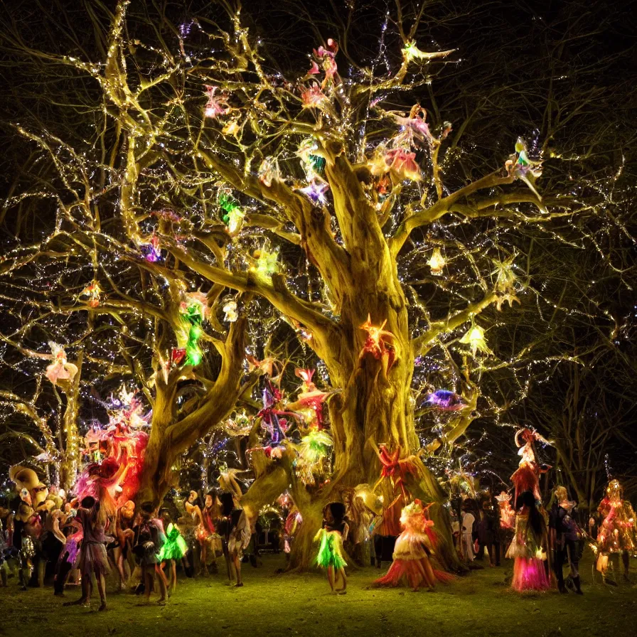 Image similar to photography award of a night carnival fairies around a magical tree, christmas lights, creatures and fantastic people disguised as fantastic creatures in a magical forest by summer night, masterpiece photography by gregory crewdson and john anster fitzgerald, volumetric lightning