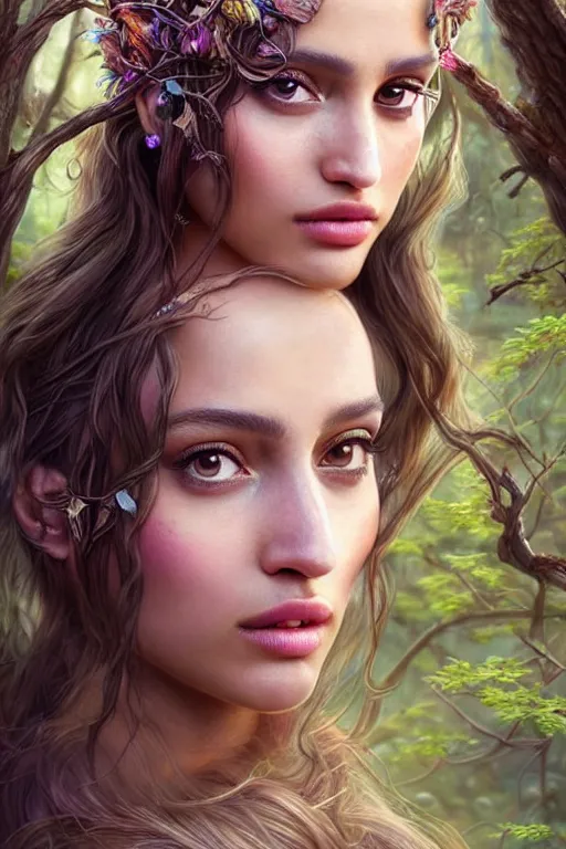 Prompt: hyper - realistic, gorgeous!!! woman resembling alicia vikander & eiza gonzalez as a fairy princess in the woods, elegant, cute, divine aura, nature goddess, dungeons and dragons, intricate, highly detailed, artstation, digital painting, character design, concept art, illustration, sharp focus, art by artgerm & jeehyung lee & wlop