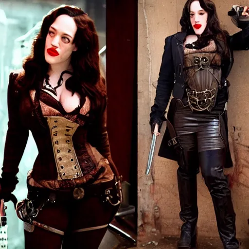 Prompt: full body photo of kat dennings as a steampunk vampire warrior