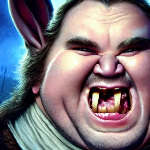 Prompt: hyper realistic, lord of the rings, close up portrait of a mega derpy john candy, big chungus, with bunny ears, smoking massive amounts of weed, big smile, buck teeth, hillbilly, by greg rutkowski, scott m fischer, artgerm, loish, slight glow, atmospheric, anne stokes, alexandros pyromallis