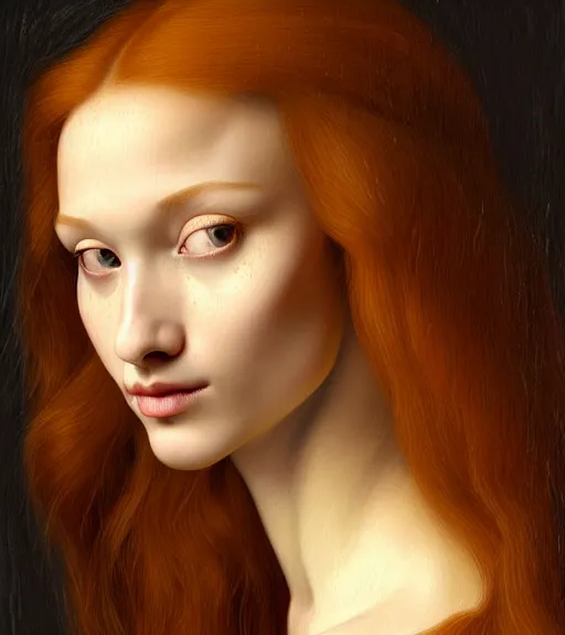 Image similar to portrait of a long - haired woman with a small apple sitting upon a table with heightened detail, poised, intense emotion, detailed facial expression, detailed surroundings, intricate, elegant, highly detailed, centered, digital painting, artstation, concept art, smooth, sharp focus, illustration, by ( leonardo da vinci ), wlop