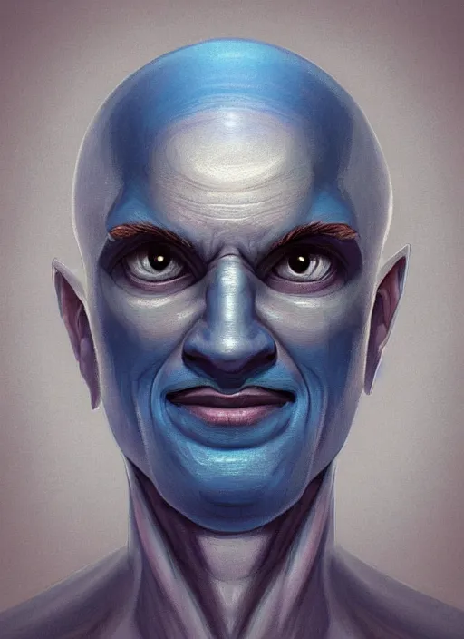 Image similar to head-on symmetrical centered painted portrait, a smiling bald androgynous man with completely blue skin in his thirties as a D&D wizard without a nose, fantasy, intricate, elegant, highly detailed, digital painting, smooth, sharp focus, illustration, artstation, in the style of Artgerm and Anna Podedworna and Charlie Bowater and Michael Garmash