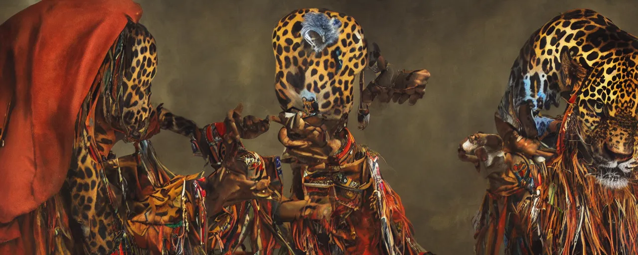 Image similar to the painting of a shaman turning into a jaguar 4 k render