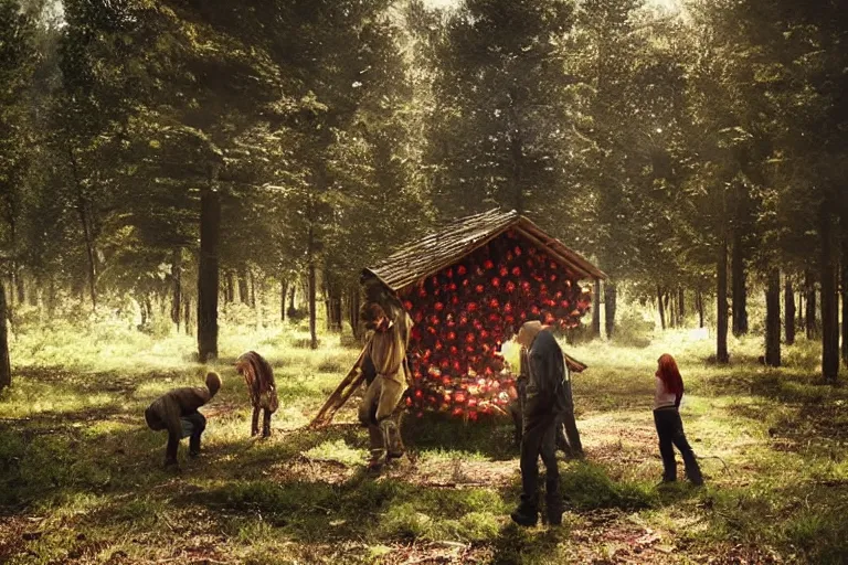 Prompt: movie scene portrait closeup, berry people building a strawberry house in the forest natural lighting by emmanuel lubezki