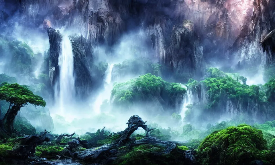 Image similar to an alien landscape view, alien waterfall, alien trees, alien greenery, alien mountains, epic lighting, epic composition, 4 k, detailed, realistic