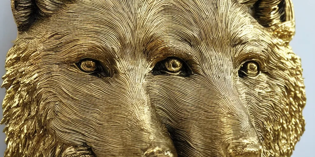 Image similar to gorgeous wolf statue portrait with gold filigree