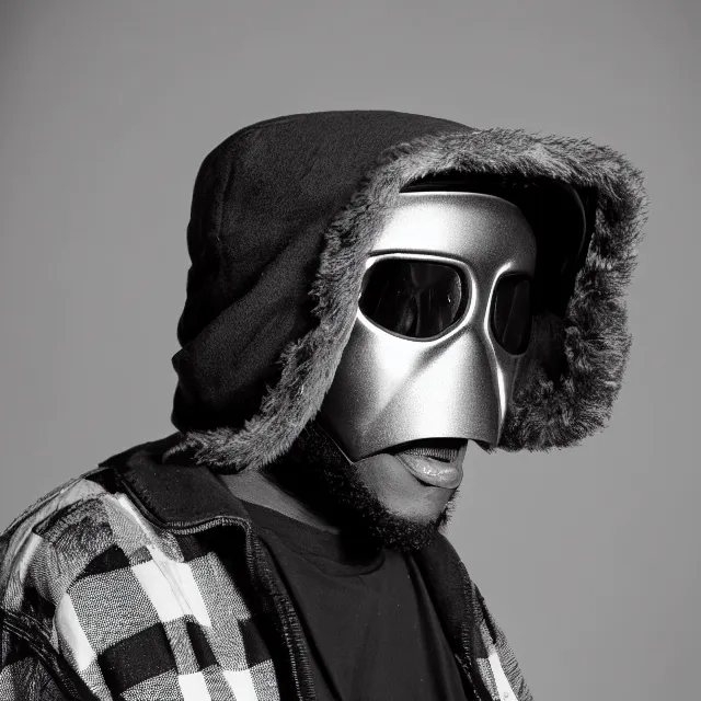 Prompt: a close-up black-and-white studio portrait of MF Doom wearing a plaid ushanka hat