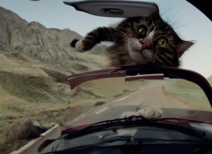 Image similar to A very high resolution image from a new movie, a cat driving a car around, inside of a car , mountains, Polaroid, directed by wes anderson