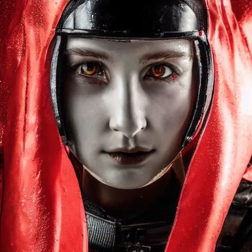 Image similar to a young female soldier with soot stained face, no makeup, in glossy sleek white bloodstained dinged scuffed armor , long torn red cape, heroic posture, determined expression, no helmet, on the surface of mars, dramatic lighting, cinematic, sci-fi, hyperrealistic, detailed