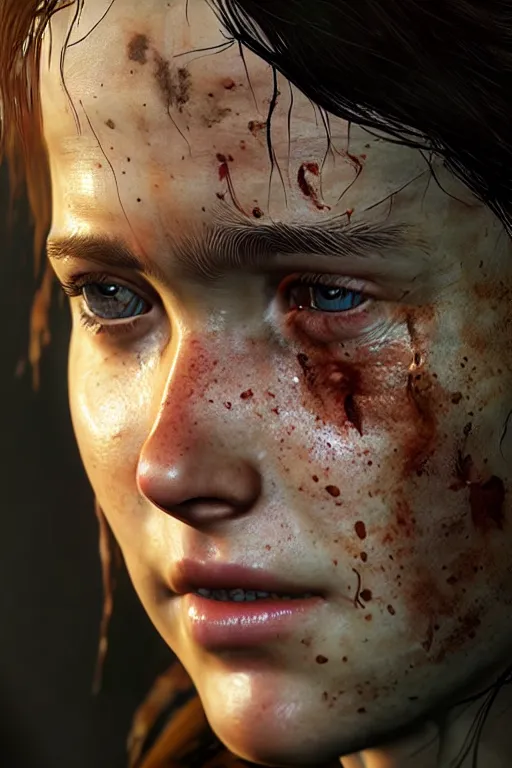 Image similar to ultra realistic facial portrait of ellie from the last of us part 2, digital art, character portrait, highly detailed, trending on artstation, lens flare, atmosphere, hyper realistic, cinematic lightning, sharp focus, unreal engine 5, extreme details perfect face, pretty face, fine - face, illustration, 8 k, ultra texture