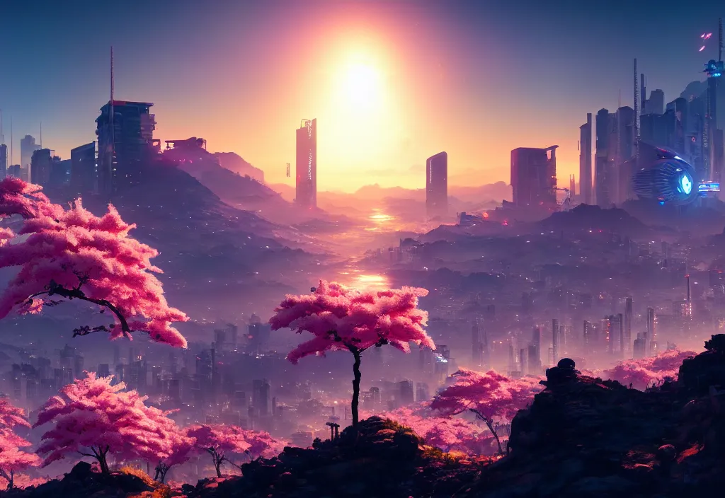 Prompt: sakura lit by the sun stands on a mountain from behind cyberpunk city, cyberpunk 2 0 7 7, city, cinematic view, concept art, high detail, 4 k, by jordan grimmer, art greg rutkowski