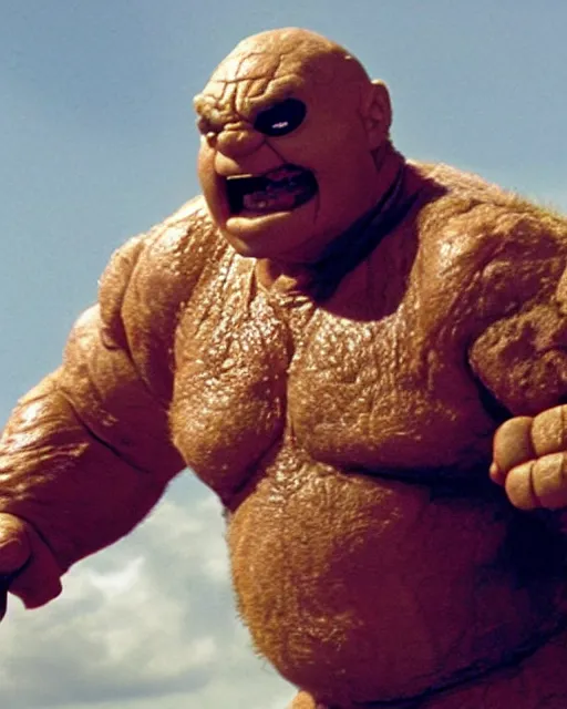 Prompt: Ed Asner starring as Ben Grimm, The Thing from The Fantastic Four Movie, battles the Hulk, Color, Modern