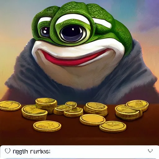 Image similar to super rich happy pepe, coins, gold, crystals, greg rutkowski