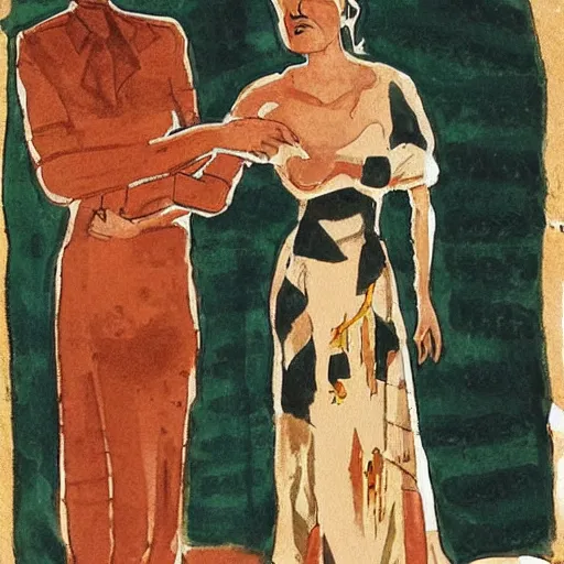 Image similar to This illustration was painted in 1937 during the Guerra Civil Española. The woman in the illustration is weeping for her dead husband. She is wearing a black dress and a black veil. Her face is distorted by grief. The illustration is dark and somber. Navajo green, illuminated codex gilded by Ossip Zadkine dismal