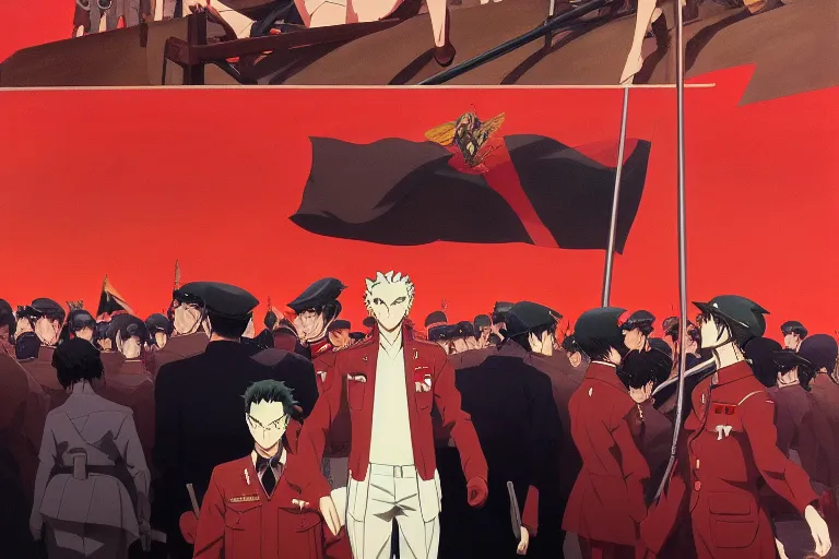 Prompt: anime key visual of a fascist regime rally 1 9 4 5, alternate universe matriarchy, nationalism, red flags, dictator, style of jamie wyeth james gilleard edward hopper greg rutkowski acrylic painting, preserved museum piece, historical