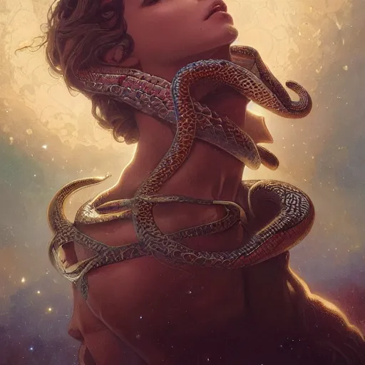 Image similar to serpent made of stars, extremely detailed, 8 k, fantasy, elegant, pale, highly detailed, digital painting, artstation, concept art, smooth, sharp focus, illustration, art by artgerm and greg rutkowski and alphonse mucha