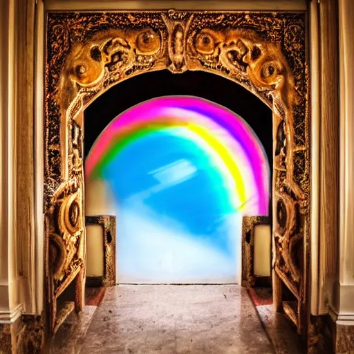 Prompt: a portal to new universe inside of an ornate door frame, wide angle, golden light, rainbows, vortex, 1 6 : 9,