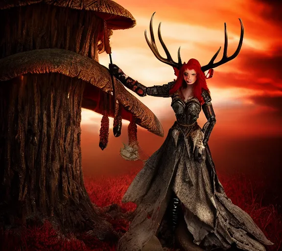 Prompt: a photo of an armored woman warrior redhead with antlers sitting on a giant red cap mushroom that covers a whole village and reaches above the clouds by luis royo. intricate. lifelike. soft light. sony a 7 r iv 5 5 mm. cinematic post - processing