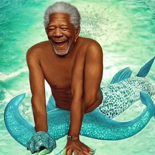 Prompt: Morgan Freeman as a Mermaid laughing