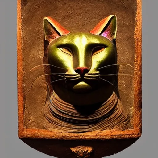 Prompt: sacred ancient polychrome cat head sculpture, by annie swynnerton and diego rivera and nicholas roerich and jean delville, symbolist, dramatic lighting, god rays, elaborate geometric ornament, art brut, rich colors, smooth sharp focus, extremely detailed, adolf wolfli