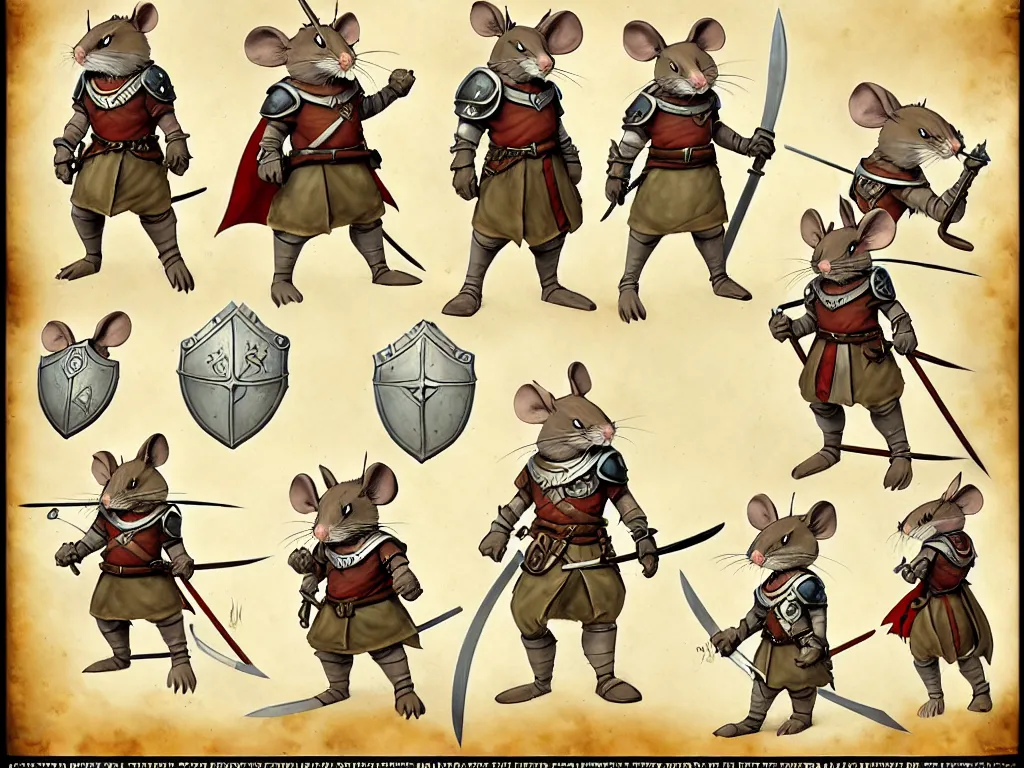 Image similar to character design sheet for a heroic mouse knight with sword and shield on a parchment background, redwall, greg rutowski and jean baptiste monge, very very detailed, epic fantasy concept art