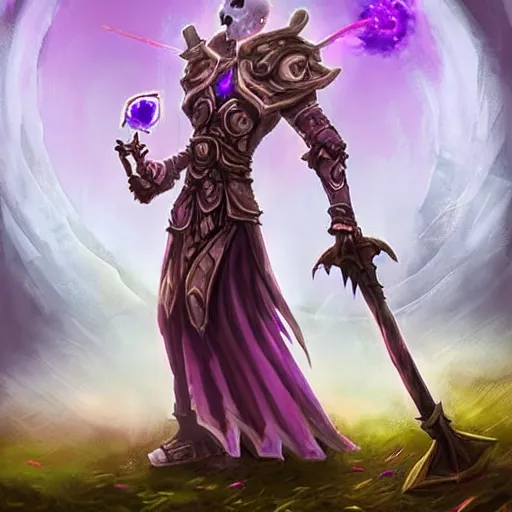 Image similar to a necromancer holding a bone staff, an army of undead rising from the ground in the background, violet theme, hearthstone art style, epic fantasy style art, fantasy epic digital art, epic fantasy card game art