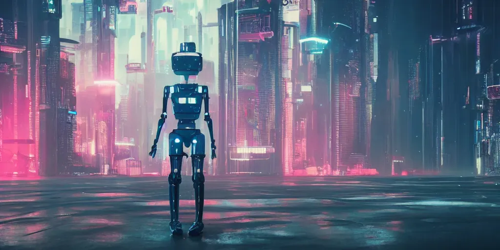 Image similar to cyberpunk robot, future retro, cinematic, hazy, wide shot, cgsociety, shot on arri alexa