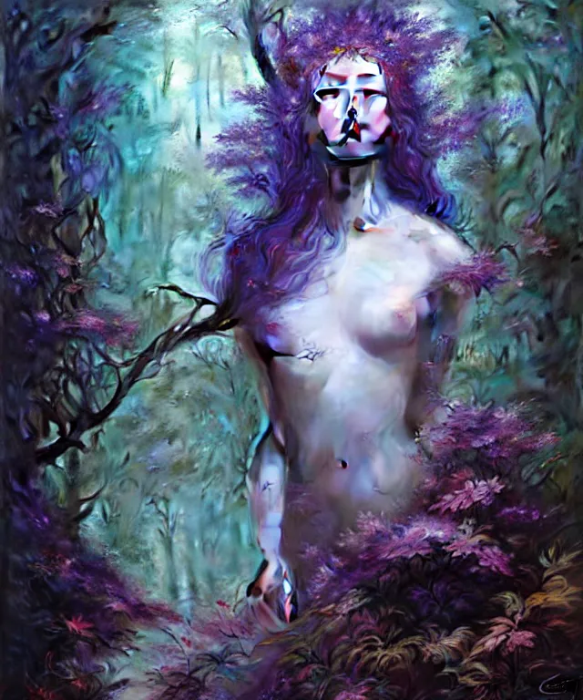 Image similar to ultra detailed photo realistic portrait painting of the beautiful empress of the enchanted glowing purple forest, volumetric lighting, depth of field by karol bak, greg rutkowski, peter mohrbacher and miho hirano.