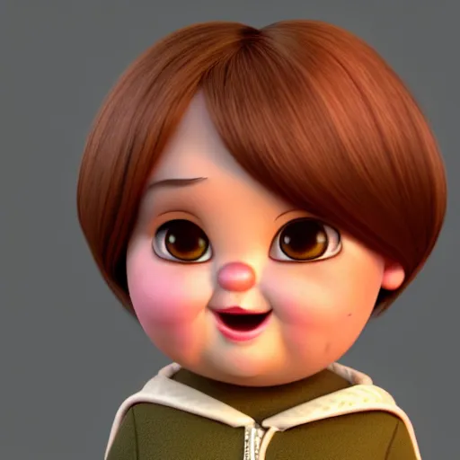 Prompt: A portrait of a chubby woman, a cute 3d cgi toon woman with brown hair in a Bob, brown eyes, full face, olive skin, romanian heritage, cute outfit, medium shot, mid-shot, hyperdetailed, 8k, trending on artstation, as a Pixar character