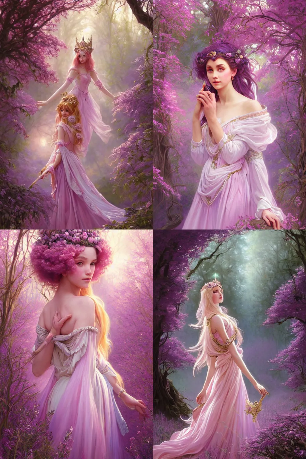 Prompt: oil painting of a magical princess enchantress in a pink and lavender forest, peaceful expression, ornate details, fantasy, intricate, elegant, whimsical, highly detailed brushstrokes, digital painting, artstation, dnd concept art, smooth, sharp focus, illustration, art by charlie bowater and artgerm and greg rutkowski and alphonse mucha