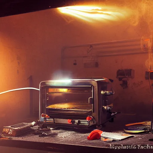 Image similar to cyborg toaster oven repairman, dark messy smoke - filled cluttered workshop, dark, dramatic lighting, orange tint, sparks, plasma rays, cinematic, highly detailed, sci - fi, futuristic, movie still