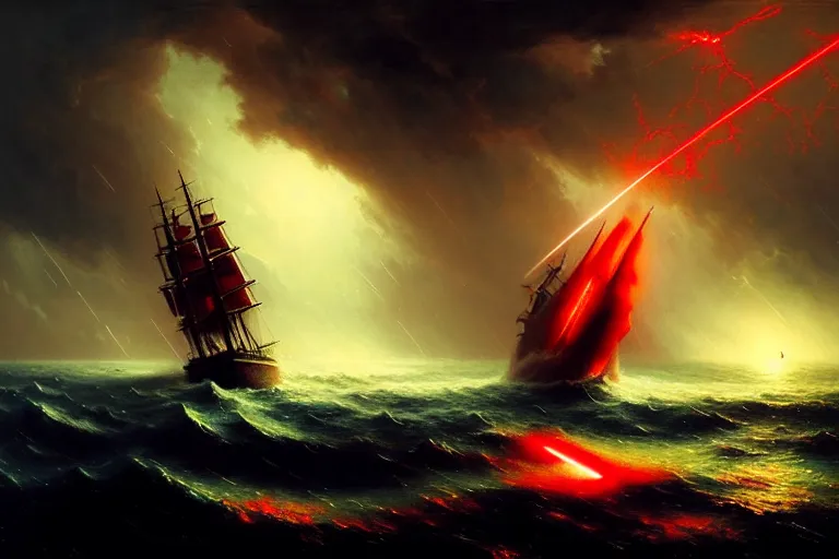 Image similar to A beautiful matte painting of huge alien spaceship attacking with powerful red lasers a Sailship in ocean in thunderstorm by Greg Rutkowski and Ivan aivazovsky