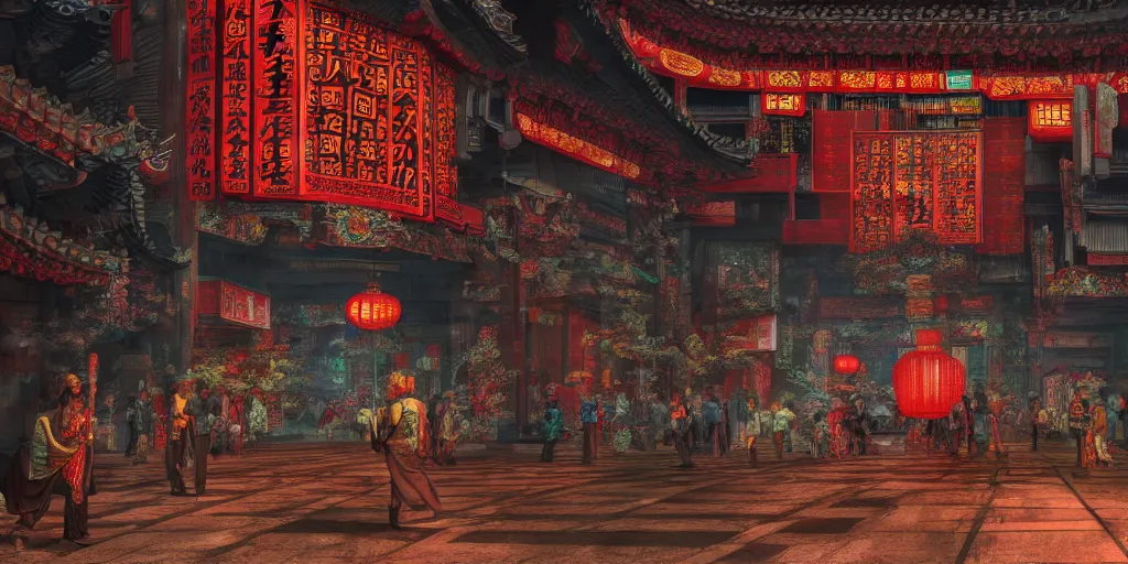 Image similar to a chinese temple of cyberpunk style, detailed, atmospheric, 8 k