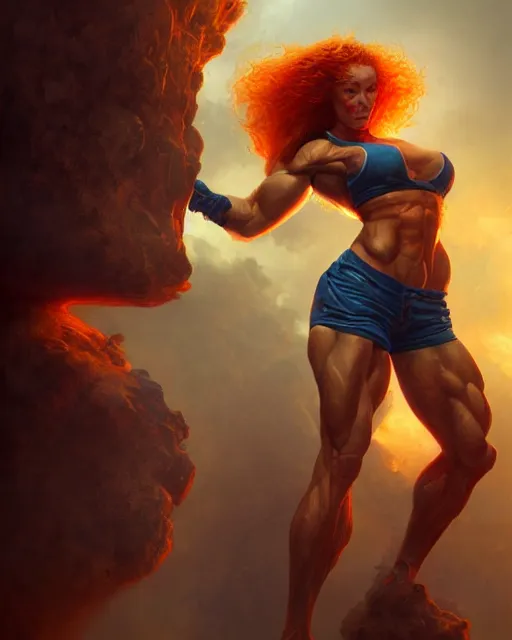 Prompt: muscular female firefighter, perfect face, ginger hair, abs, cinematic, stunning, cute, adorable, athletic, strong, agile, highly detailed, psychedelic, digital painting, artstation, smooth, hard focus, illustration, art by jessica rossier and and brian froud