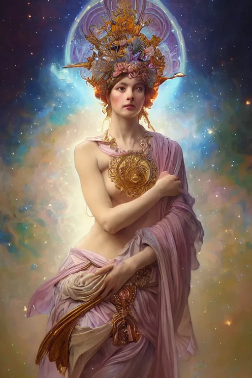 Image similar to Full view realistic Celestial Goddess of cosmic nebula in a beautiful dress, 4k digital illustration by Mandy Jurgens and Ruan Jia, ornate Iconography background in the style of Alphonse Mucha, tarot card, stunning portrait, amazing magnificent mystical illustration, award winning art, detailed and realistic, soft lighting, intricate details, realistic, full view, Artstation, CGsociety