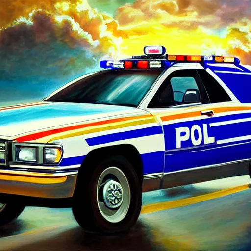 Image similar to hyperrealism painting of jesus christ on top of a police car in a police chase