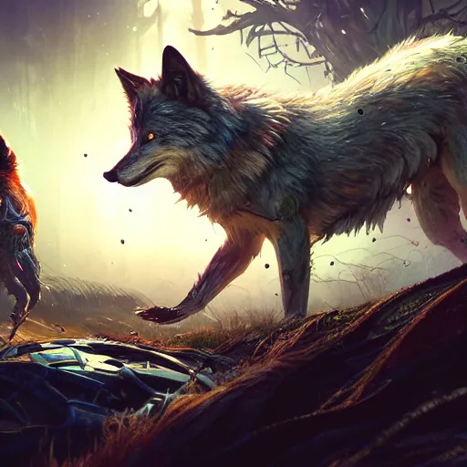 Image similar to a beautiful photograph of a biopunk wolf and a biopunk fox fight. intricate, epic lighting, cinematic composition, hyper realistic, 8 k resolution, unreal engine 5, by artgerm, tooth wu, dan mumford, beeple, wlop, rossdraws, james jean, marc simonetti, artstation