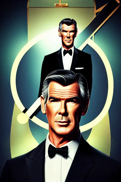 Image similar to Pierce Brosnan as James Bond, art deco background, cinematic bokeh, intricate James Bond background, elegant!, sharp focus, art by Artgerm and beeple and WLOP
