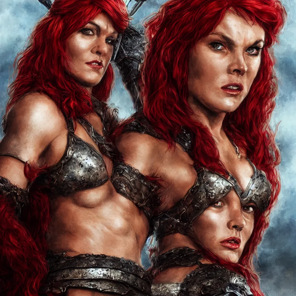 Image similar to hyper realistic photo of red sonja portrait, cinematic